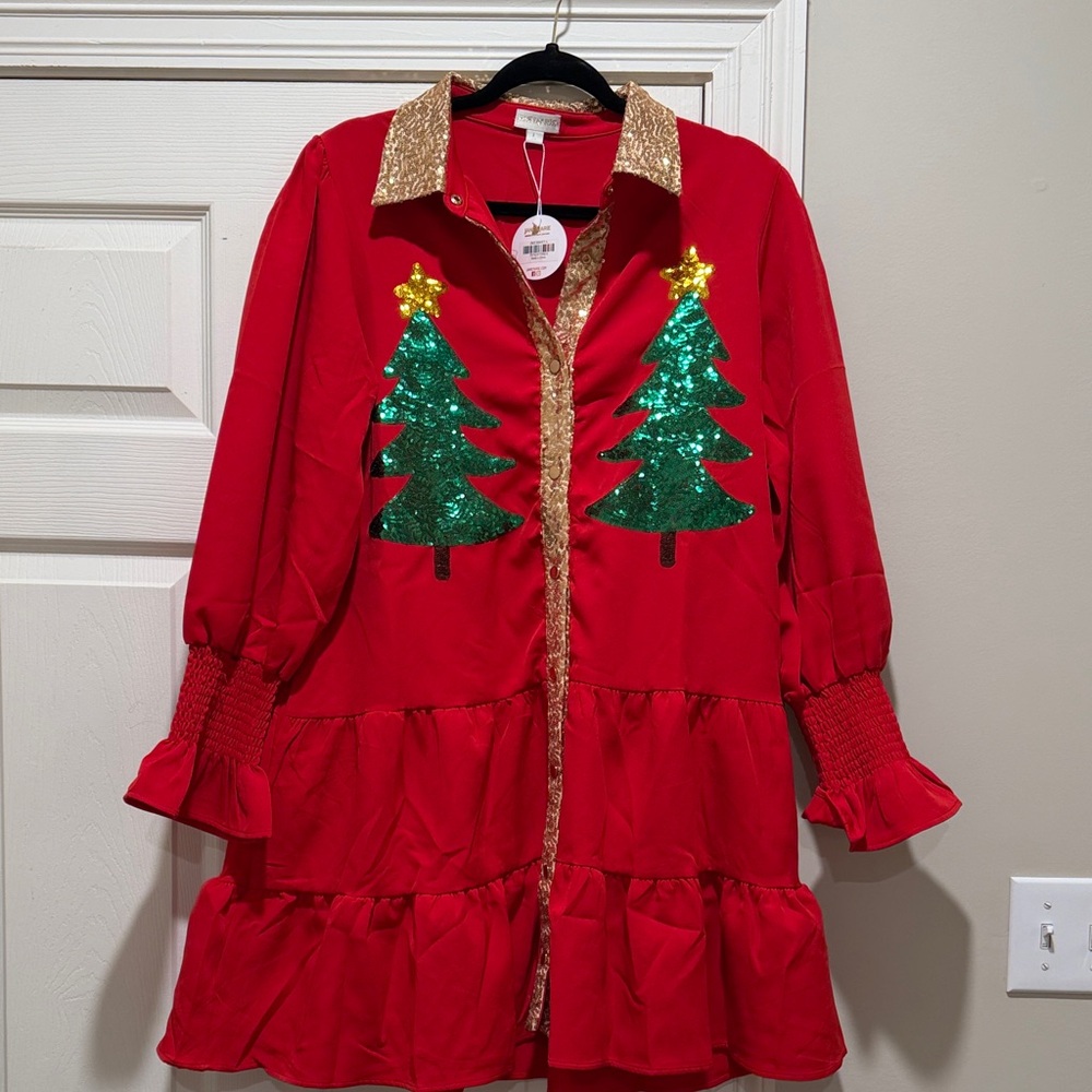 Festive Red Dress with Sequin Trees